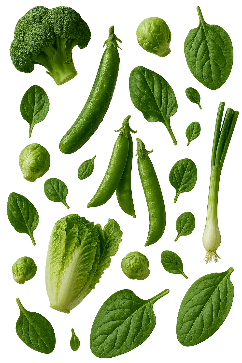 varie verdure verdi fluttuano in aria e cadono verticalmente, IPERREALISTICA 4K emoji