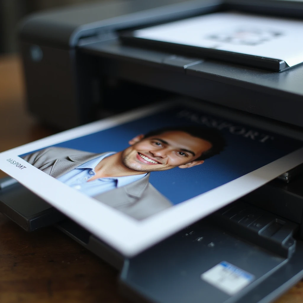 realistic thumbnail for a passport photo printing service, featuring a close-up of a printer with freshly printed passport photos coming out, no other objects emoji