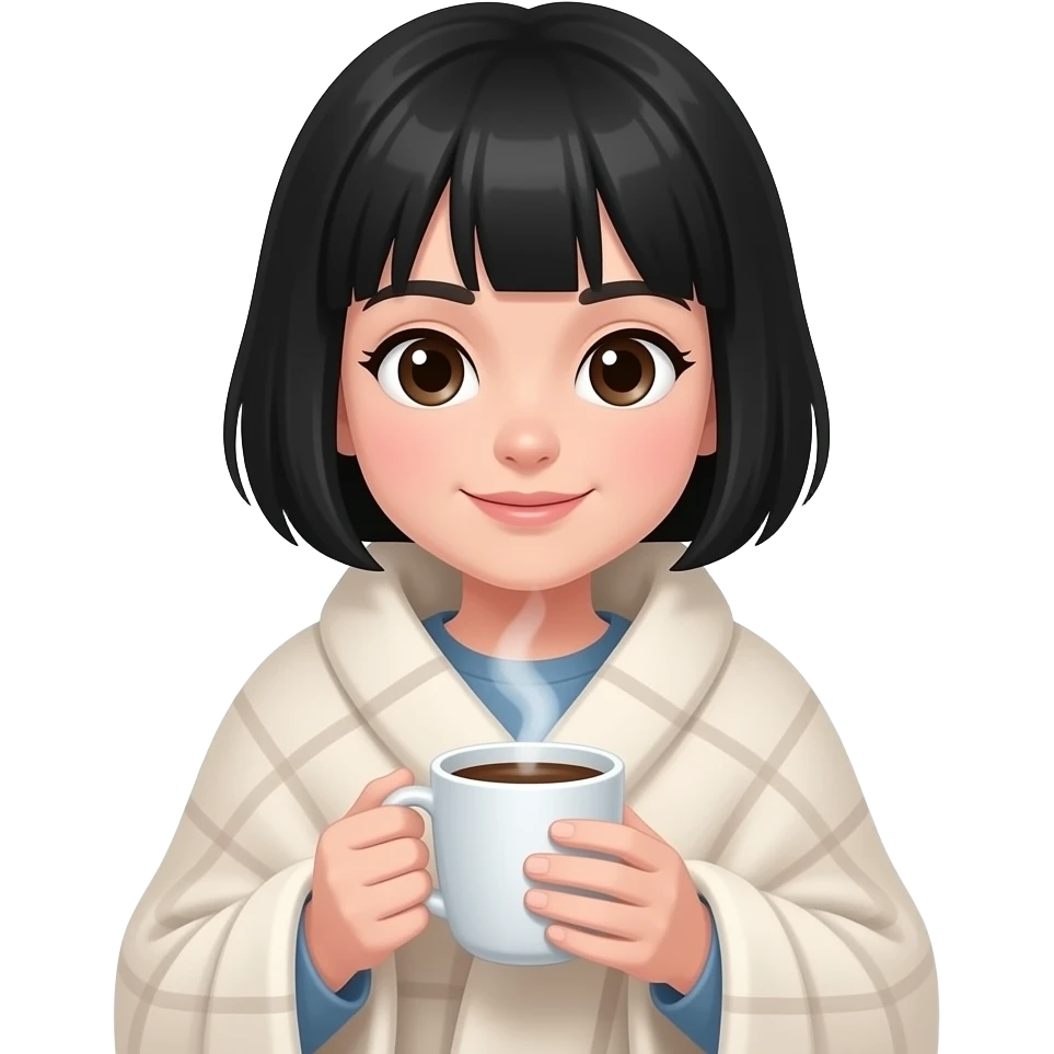 A white girl with short black hair, with a blanket and a very cozy coffee, in iPhone emoji style. emoji