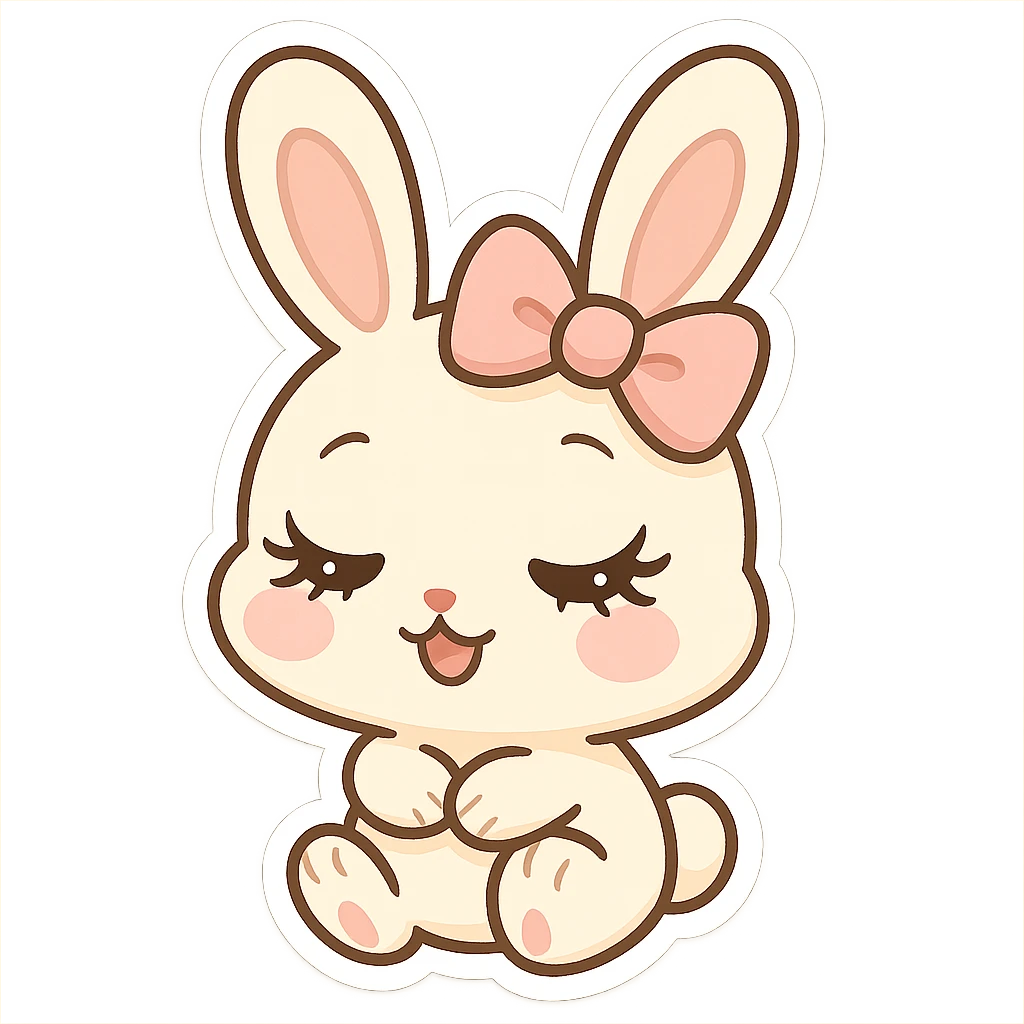 chibi sticker-style bunny with a girly face, long eyelashes, pink bow, cute and exaggerated emoji