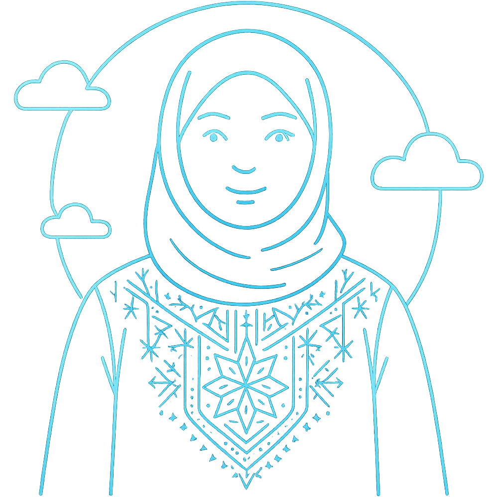 Add more prominent Algerian traditional patterns and motifs in a tech-inspired, minimalist style. Keep the avatar friendly and inside the glowing circular frame. Maintain a transparent background. The style should be tech-inspired minimalist with clear Algerian traditional patterns. emoji