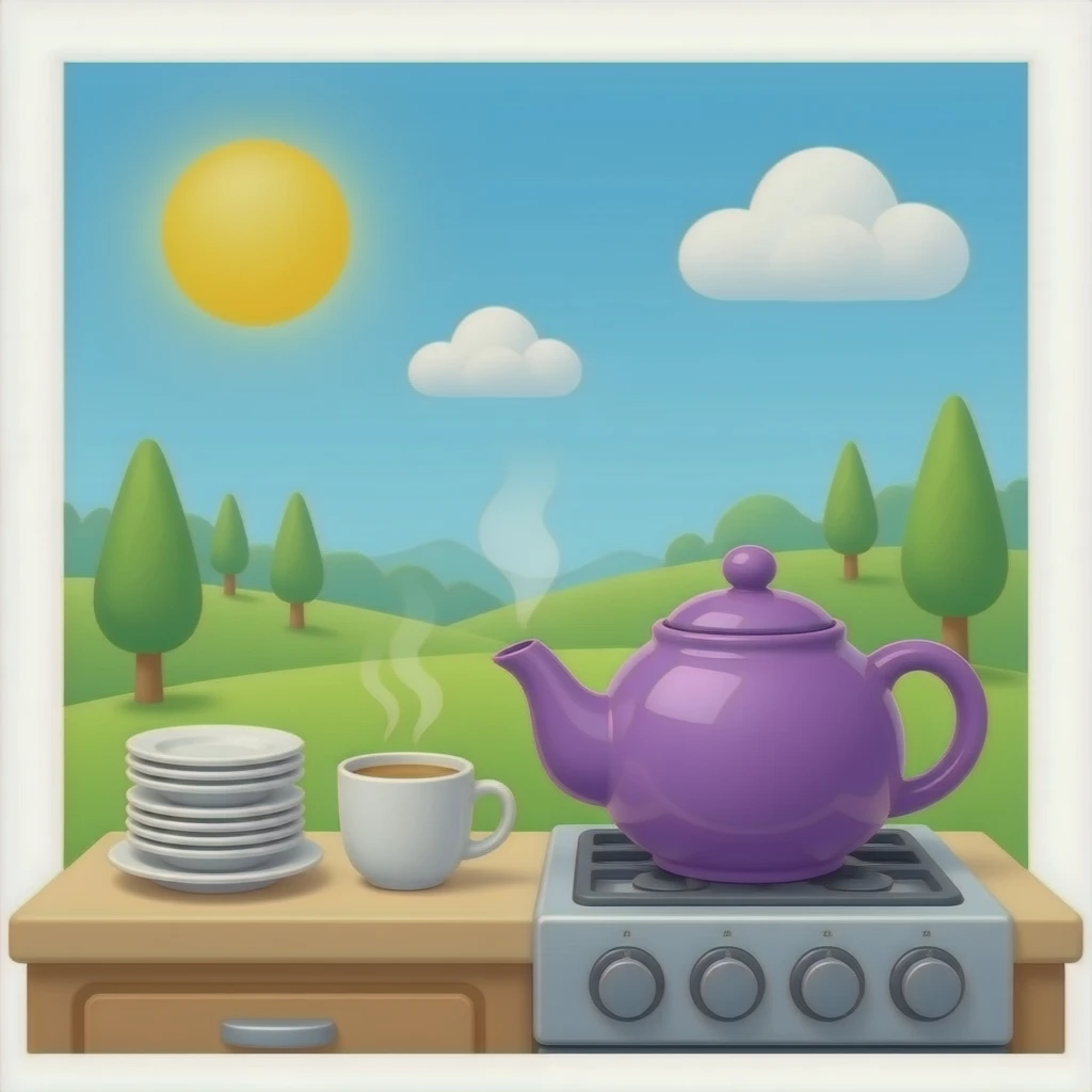 I'm A Little Teapot At the kitchen Purple teapot and cups and plates steamed up emoji