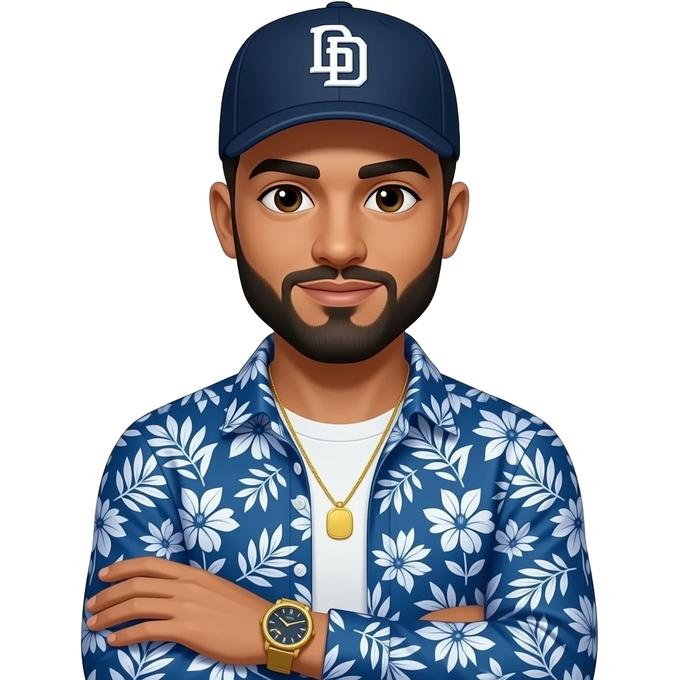 Light skin tone man with light shaved black beard and brown eyes wearing a blue long sleeve with white floral leaf type pattern designs on it button down shirt unbuttoned with a white t shirt wearing a gold tennis necklace wearing a gold wrist watch wearing a black San Diego Padres logo baseball cap emoji