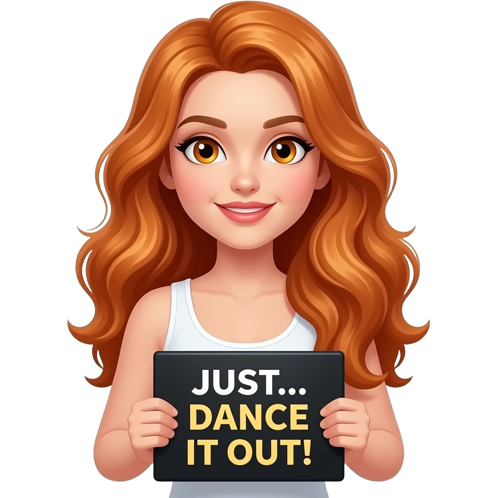 sexy girl with long wavy ginger hair and ginger eyes wearing a white tanktop is holding a black colored sign with JUST... DANCE IT OUT! written on it emoji