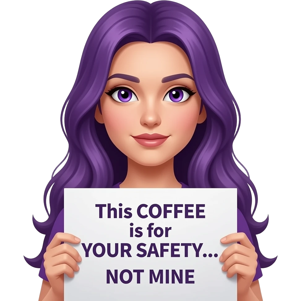 sexy girl with long purple hair and purple eyes holding a This COFFEE is for YOUR SAFETY... NOT MINE sign emoji