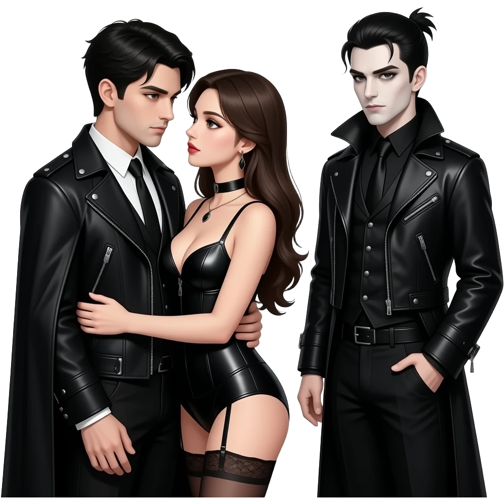 Gothic man and woman in leather lingerie, holding each other with another fothic man watching them emoji