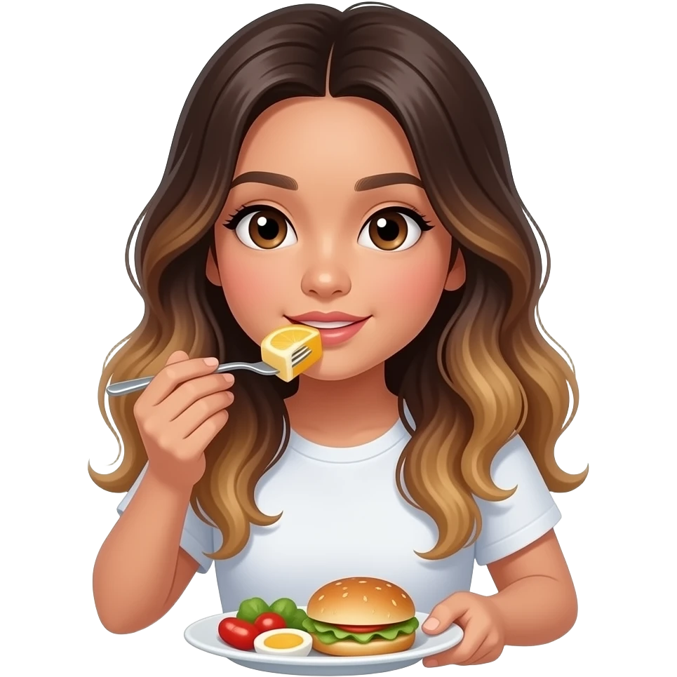 Beautiful Filipino girl beautiful eyes with long wavy hair balayage eating breakfast 45 degree angle looking at food emoji