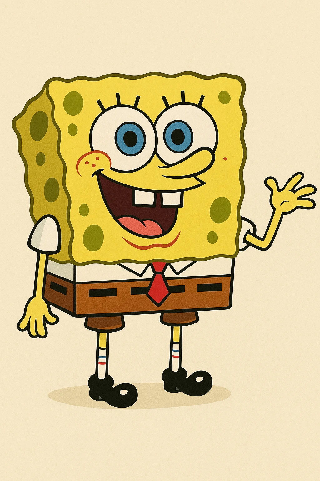 SpongeBob SquarePants, cartoon style, cheerful, yellow sponge, big blue eyes, white shirt, red tie, brown shorts emoji