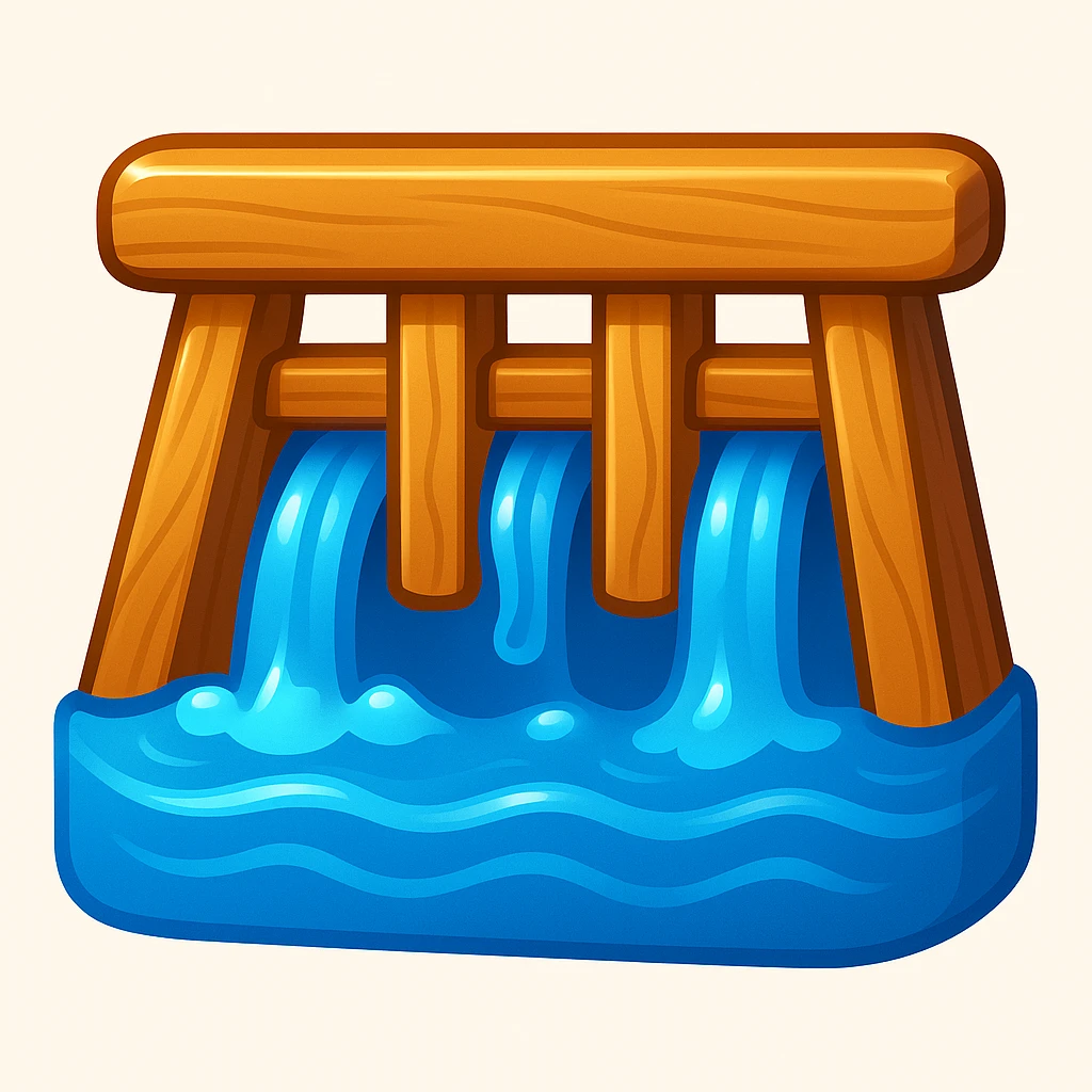 old wood dam with canal water, 3D emoji style emoji