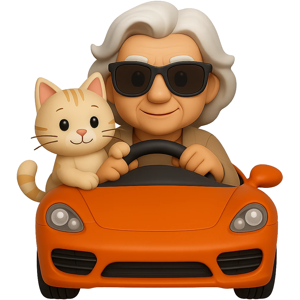 Edit the old lady emoji character in the orange sports car to be holding one cat, in a 3D emoji style that is realistic, wearing sunglasses, with no background. Maintain the orange sports car and overall composition but update the character as described. emoji