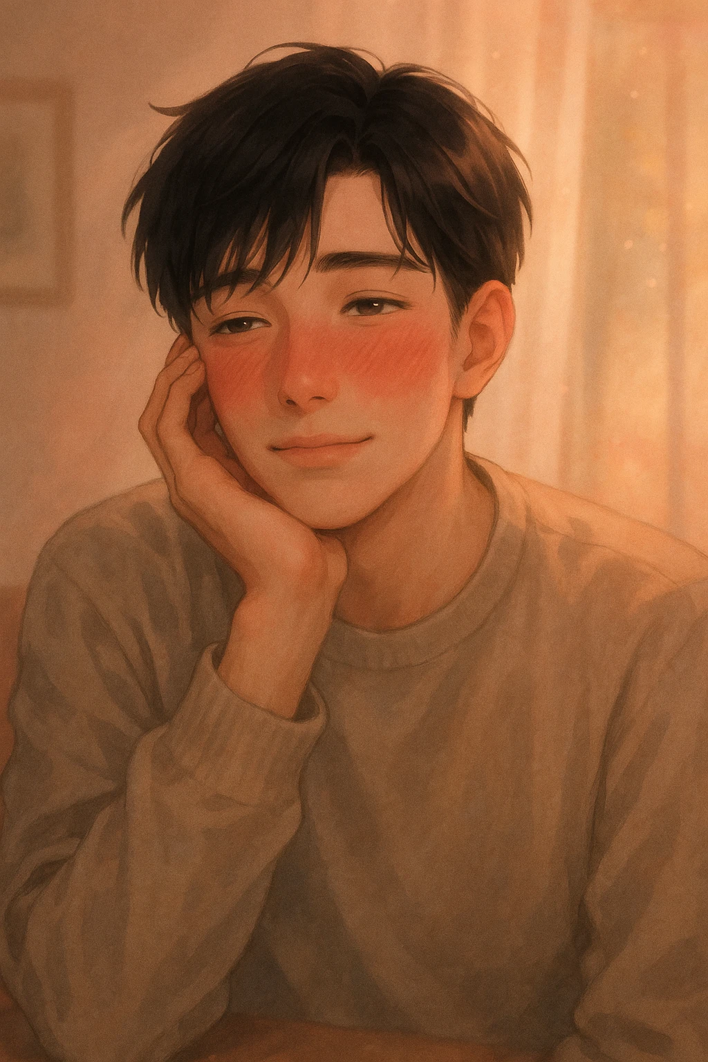 a handsome guy with black hair, looking slightly flushed and dreamy, showing signs of low blood pressure such as a gentle blush and relaxed posture, maybe a hand to his cheek, with subtle romantic hints suggesting his boyfriend is the cause emoji