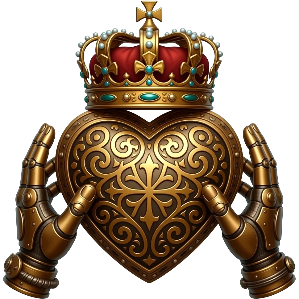 steampunk style - two bronze hands touch a bronze heart richly ornamented with arabesques with a richly decorated royal crown, dramatic lighting - backlight emoji