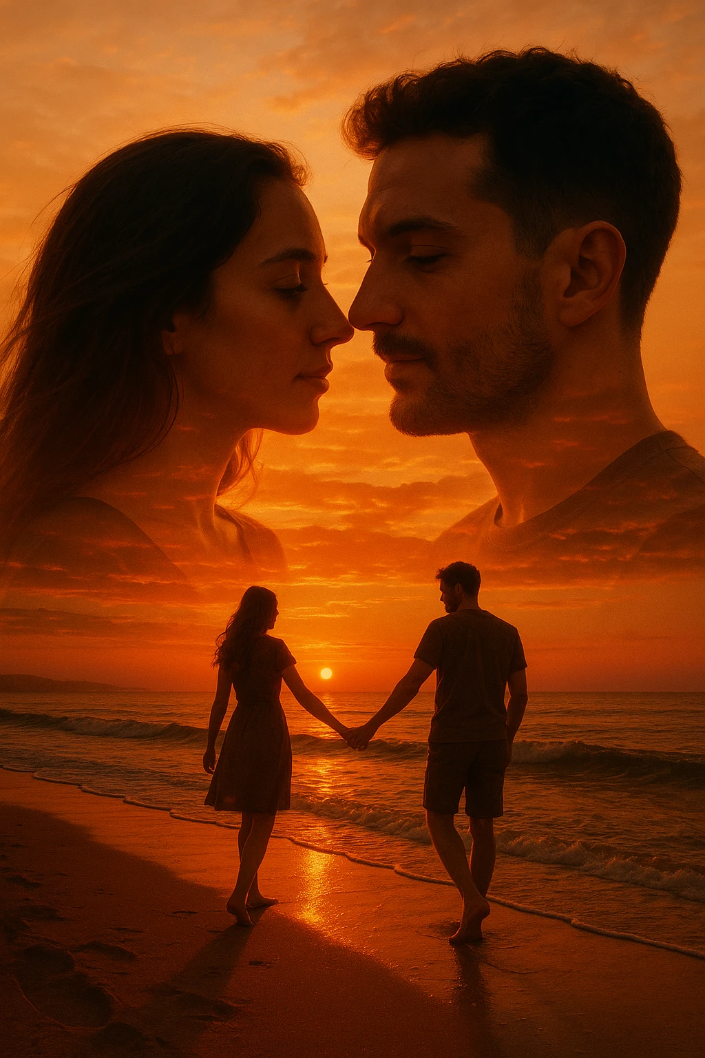 Una doppia esposizione cinematografica di noi di profilo, con un paesaggio di spiaggia al tramonto integrato nella silhouette.
La scena interna ci mostra entrambi camminare sulla sabbia bagnata, tenendoci per mano, con le onde del mare che si infrangono è facile e un cielo colorato dagli ultimi raggi di sole. Atmosfera calda e intima, toni dorati arancioni, dettagli fini ed espressivi, risoluzione 8K. emoji