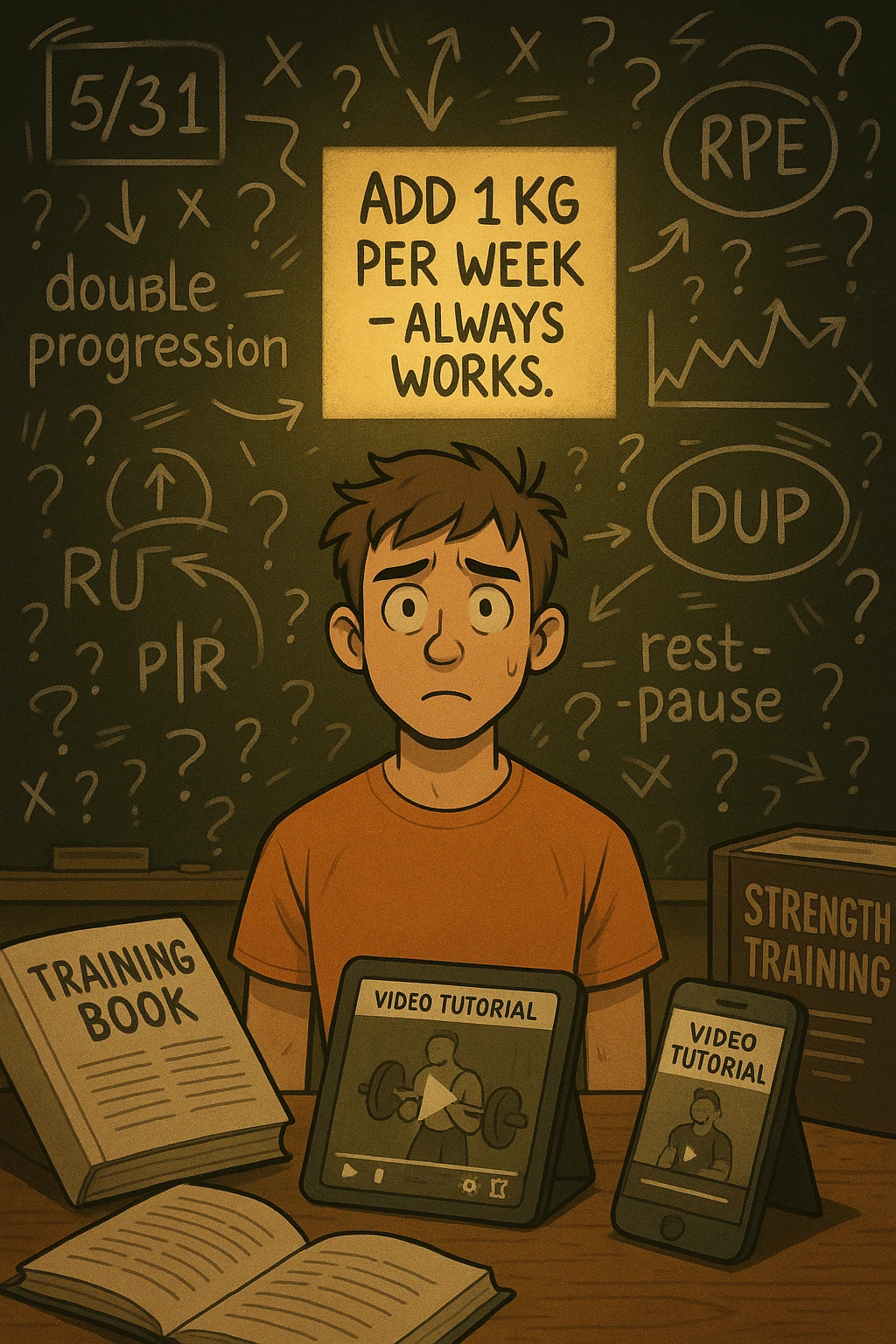 Giovane neofita in palestra, con uno sguardo perso davanti a una lavagna piena di metodi di progressione (5/3/1, RIR, RPE, double progression, DUP, rest-pause). È circondato da libri di allenamento e video tutorial su tablet e smartphone. Dietro di lui, un cartello piccolo ma chiaro: 'Aggiungi 1 kg a settimana – funziona sempre'. Atmosfera caotica intorno, ma luce calda sul messaggio semplice emoji