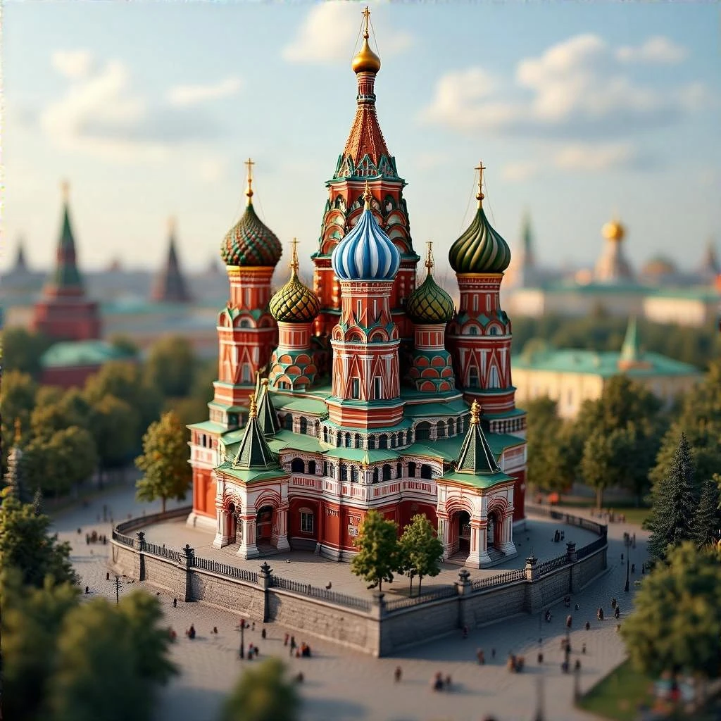 Изометрическая фотореалистичная иллюстрация-модель Собора Василия Блаженного, баланс между стилизацией и реализмом, эффект миниатюры, слегка рисованный, прозрачный фон emoji