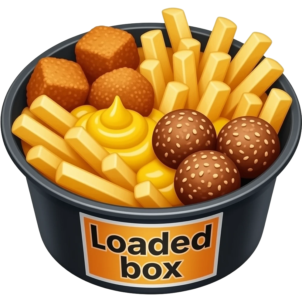 french fry and chicken cubes and meatballs all mixed together with mustard sauce in a black round plastic box. Its called a loaded box. with everything mixes with one another emoji