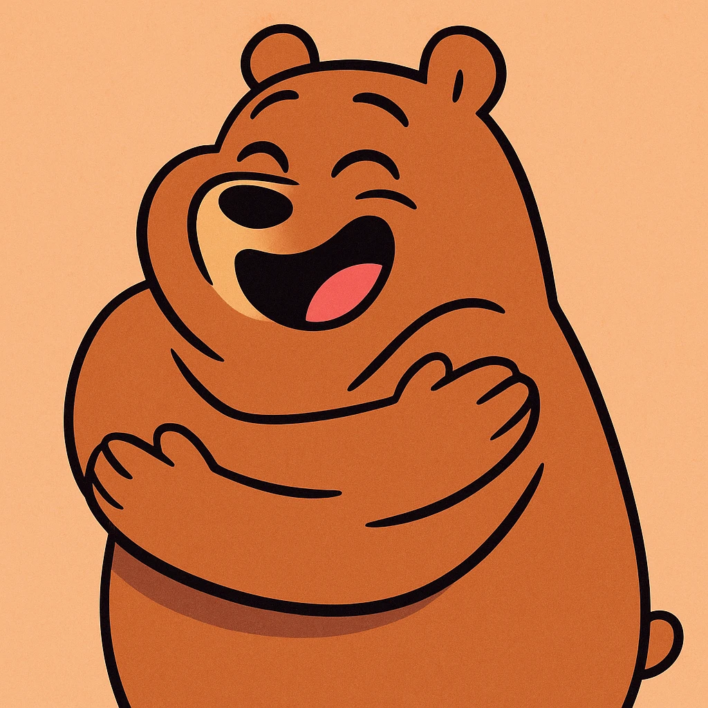 a bear hugging itself, cartoon style, simple shapes, bright colors, playful and cheerful emoji