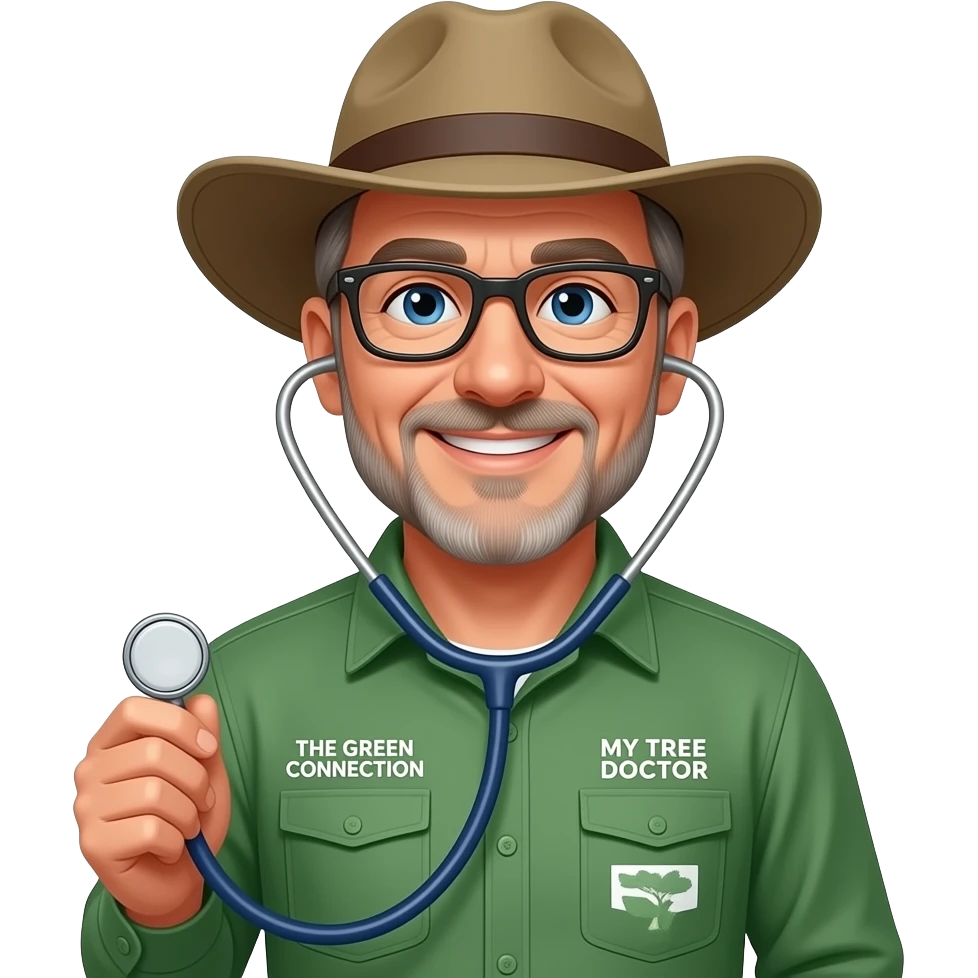 smiling middle-aged man blue eyes. Dark rectangle glasses, in green-collared, long-sleeve shirt.  Flatter wider-brim Australian Akubru hat. Holding a stethoscope. Insert 'THE GREEN CONNECTION' in white directly onto the left pocket & onto the right pocket, place only the words 'MY TREE DOCTOR' emoji