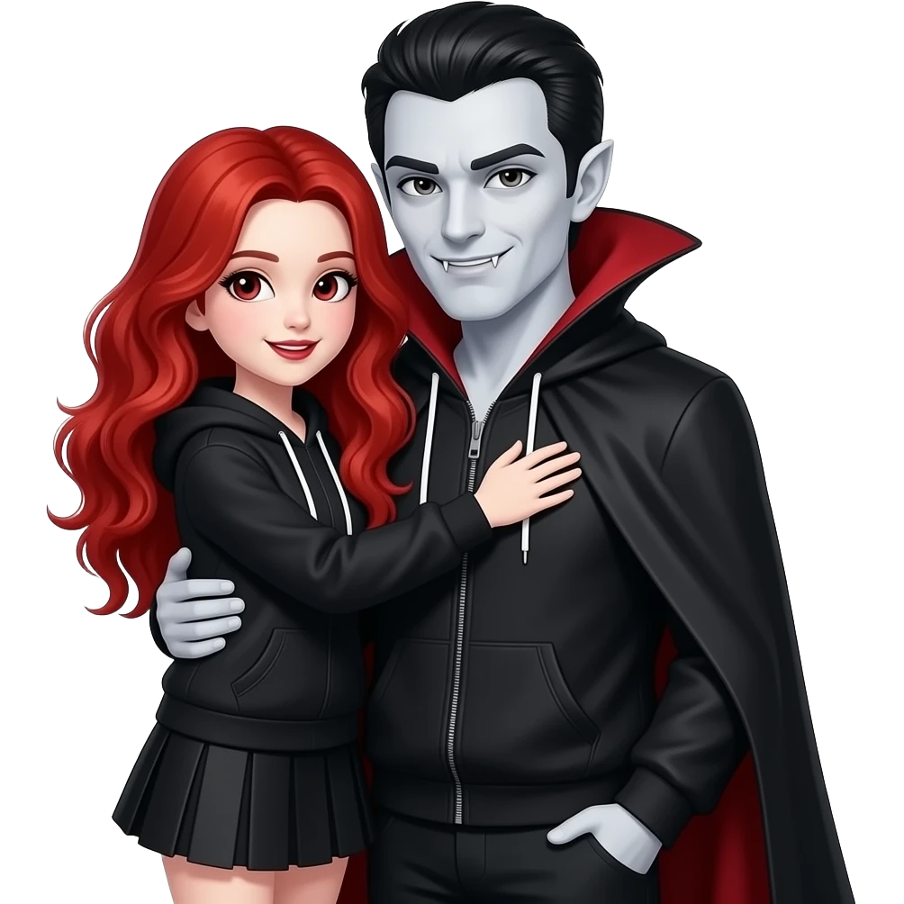Vampiro femmina 12 enne con capelli lunghi rosso fuoco ondulati con pelle bianca che indossa una gonna corta nera e una felpa e che abbraccia al padre VAMPIRO emoji
