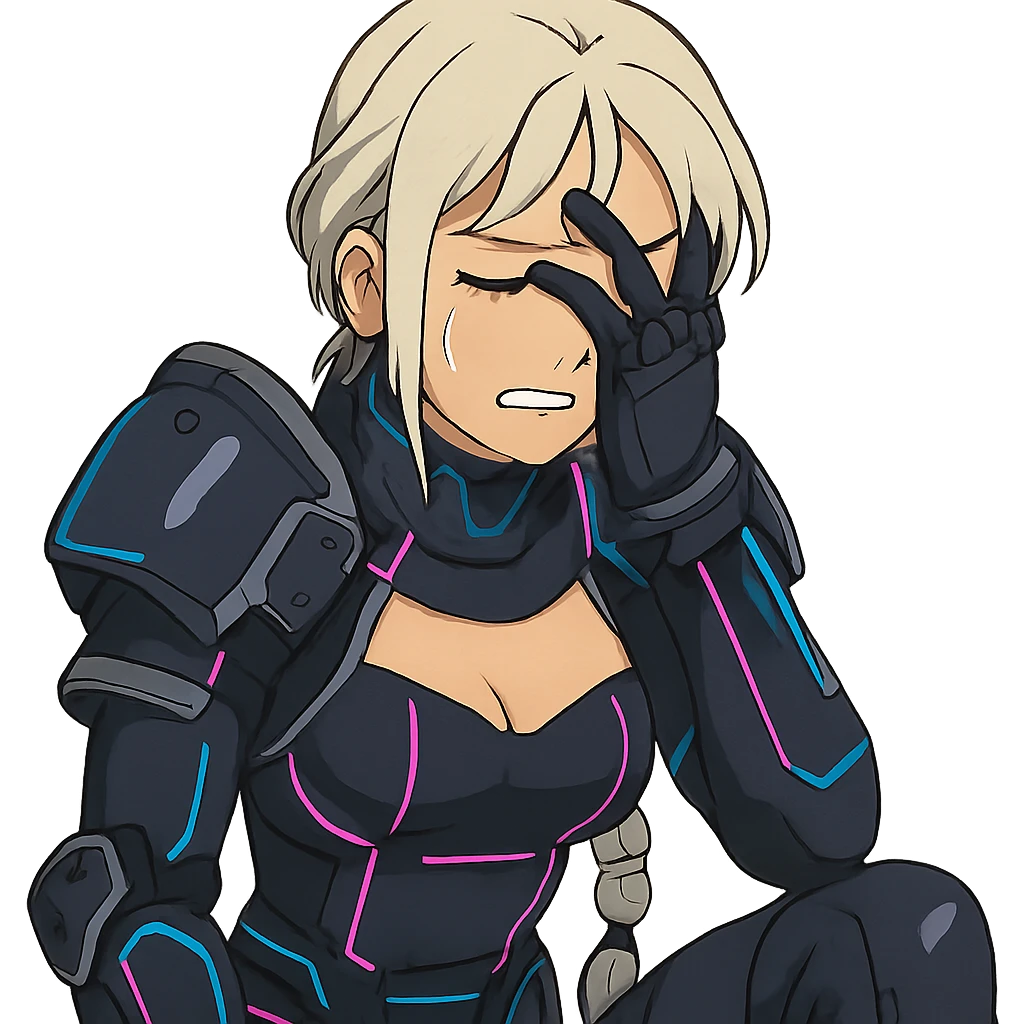  she is wearing armor, maximum power , facepalm smh, eyes closed and tearing up, a closeup portrait of young woman with gold yellow eyes, white hair, long braid, black off-shoulder top d-cup, punk gothic style, futuristic cyberwave cyberpunk, sitting position emoji