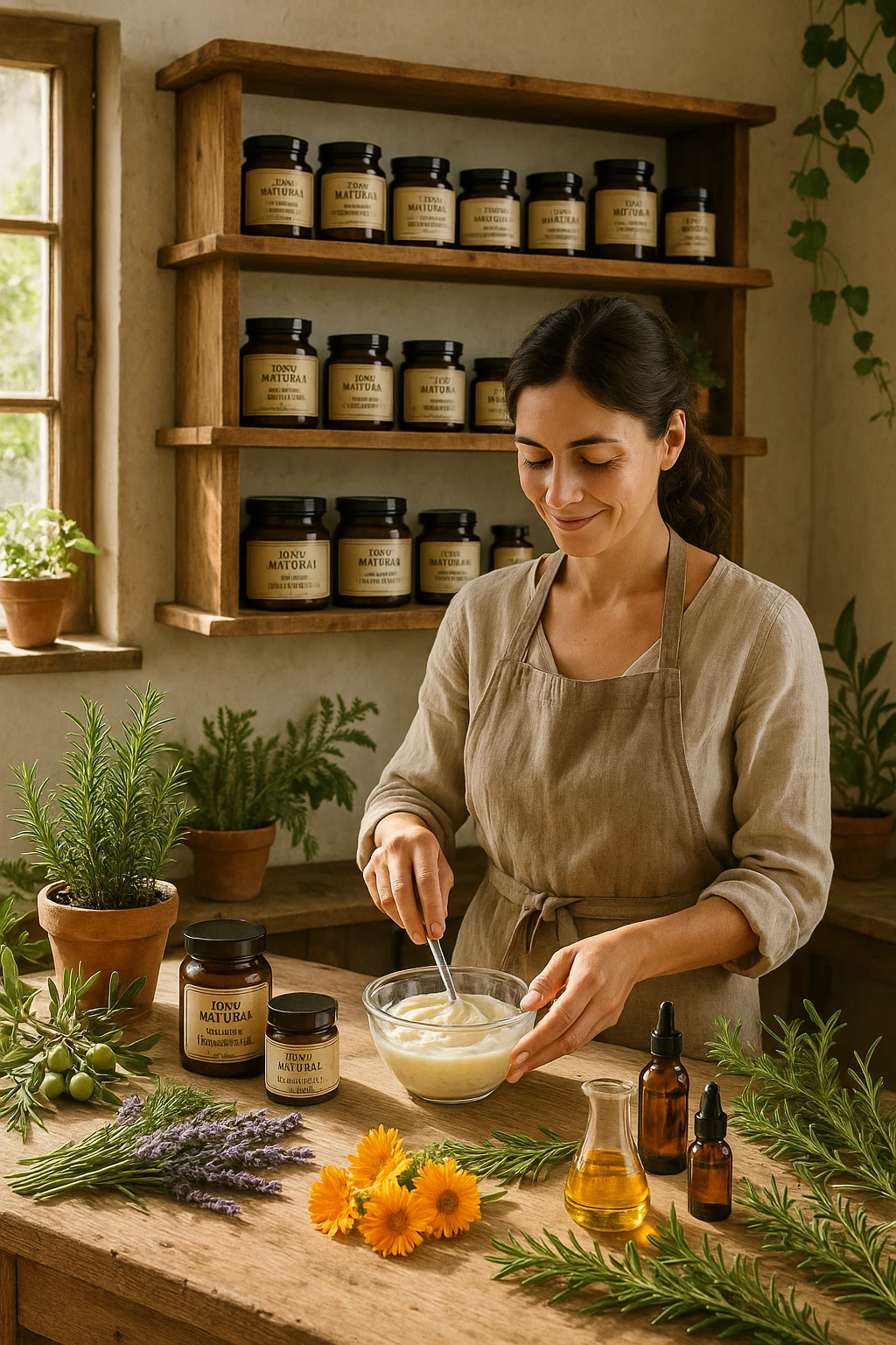 A realistic, high-quality photo of a small artisan skincare laboratory in Italy, with wooden shelves displaying beautifully packaged glass jars of natural creams made with herbal and botanical extracts, olive oil, and essential oils, clearly labeled ‘100% Natural’ and ‘Artisan Made in Italy’. The scene includes a bright, sunlit rustic workspace with plants, fresh lavender, rosemary, calendula flowers, and olive branches on the wooden counter, symbolizing purity and nature. A female artisan in a linen apron is carefully mixing creams in a glass bowl, smiling softly. The environment feels warm, authentic, and eco-friendly, emphasizing the concept of handcrafted skincare without synthetic chemicals in italiano emoji