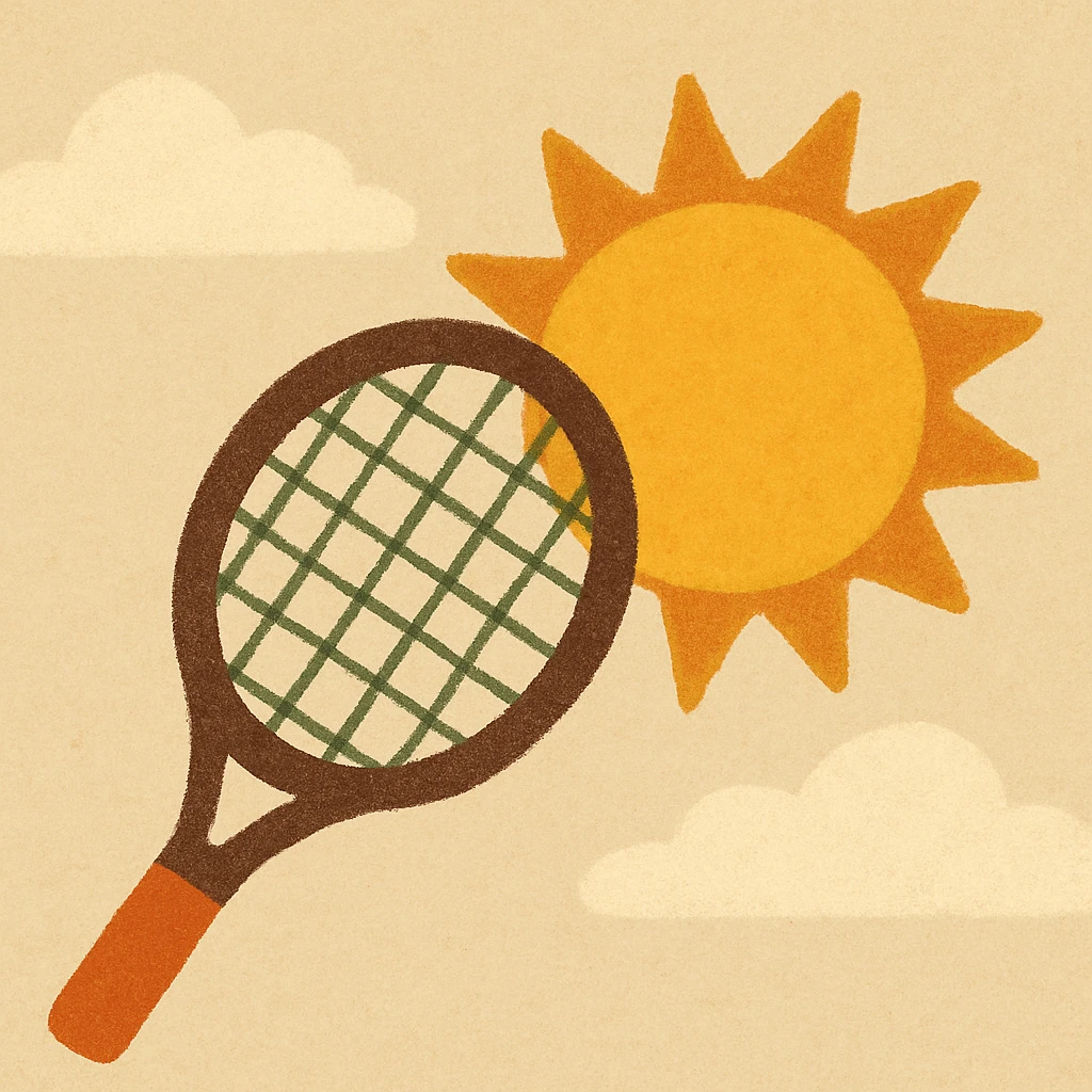 a tennis racket hitting the sun, playful and dynamic, cartoon style, vibrant warm colors emoji