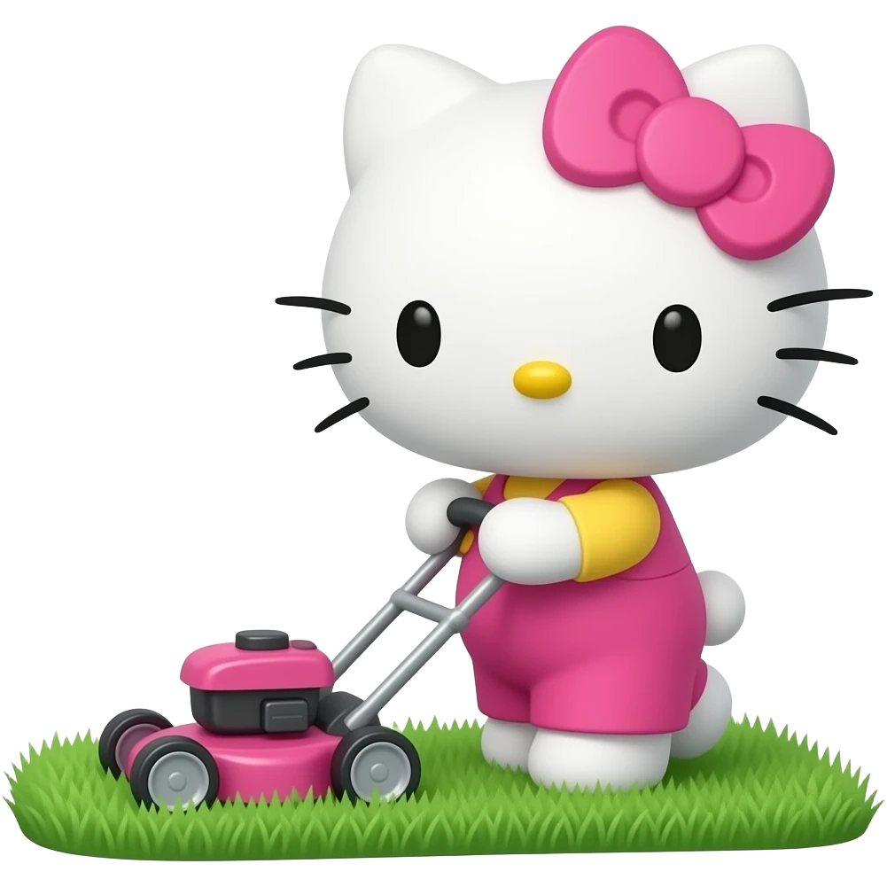 full pink hello kitty mowing the lawn with a lawn mower emoji