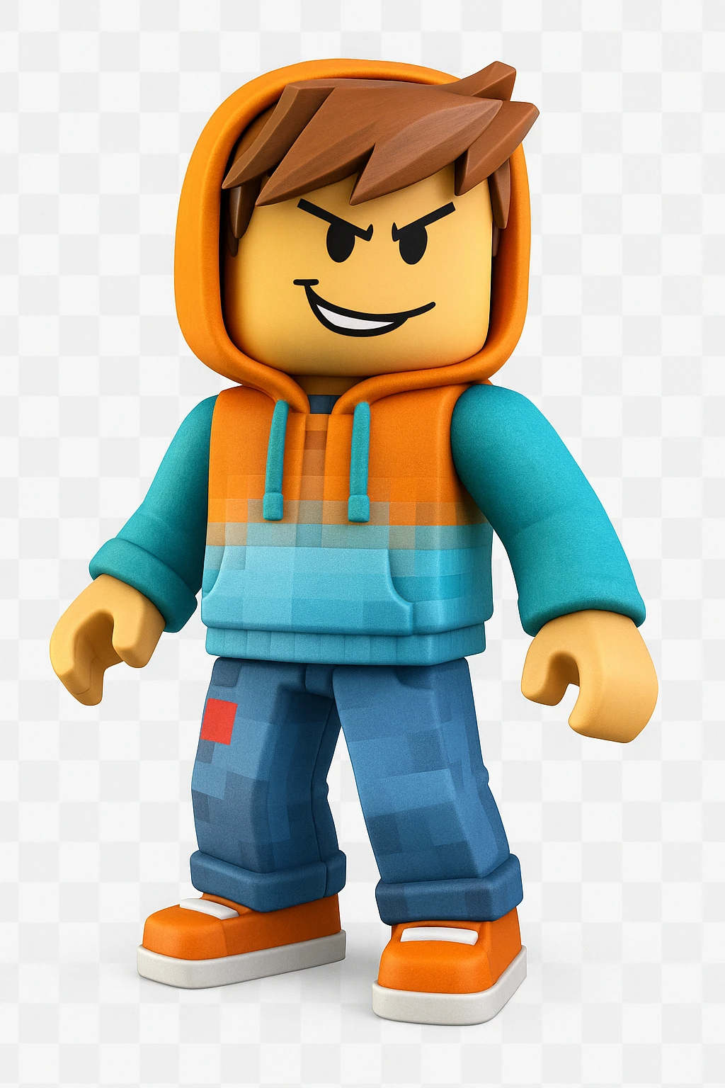 Edit the character in the reference image to have a mischievous expression, keeping the original Roblox style, outfit, and face color exactly as in the reference image. emoji