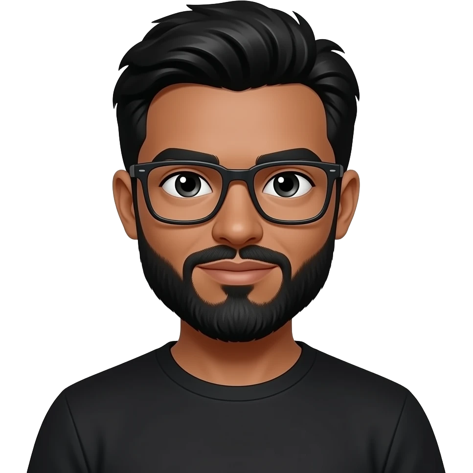 black hair, tan skin, black beard, with squar glasses, white eyes, black tee shirt emoji