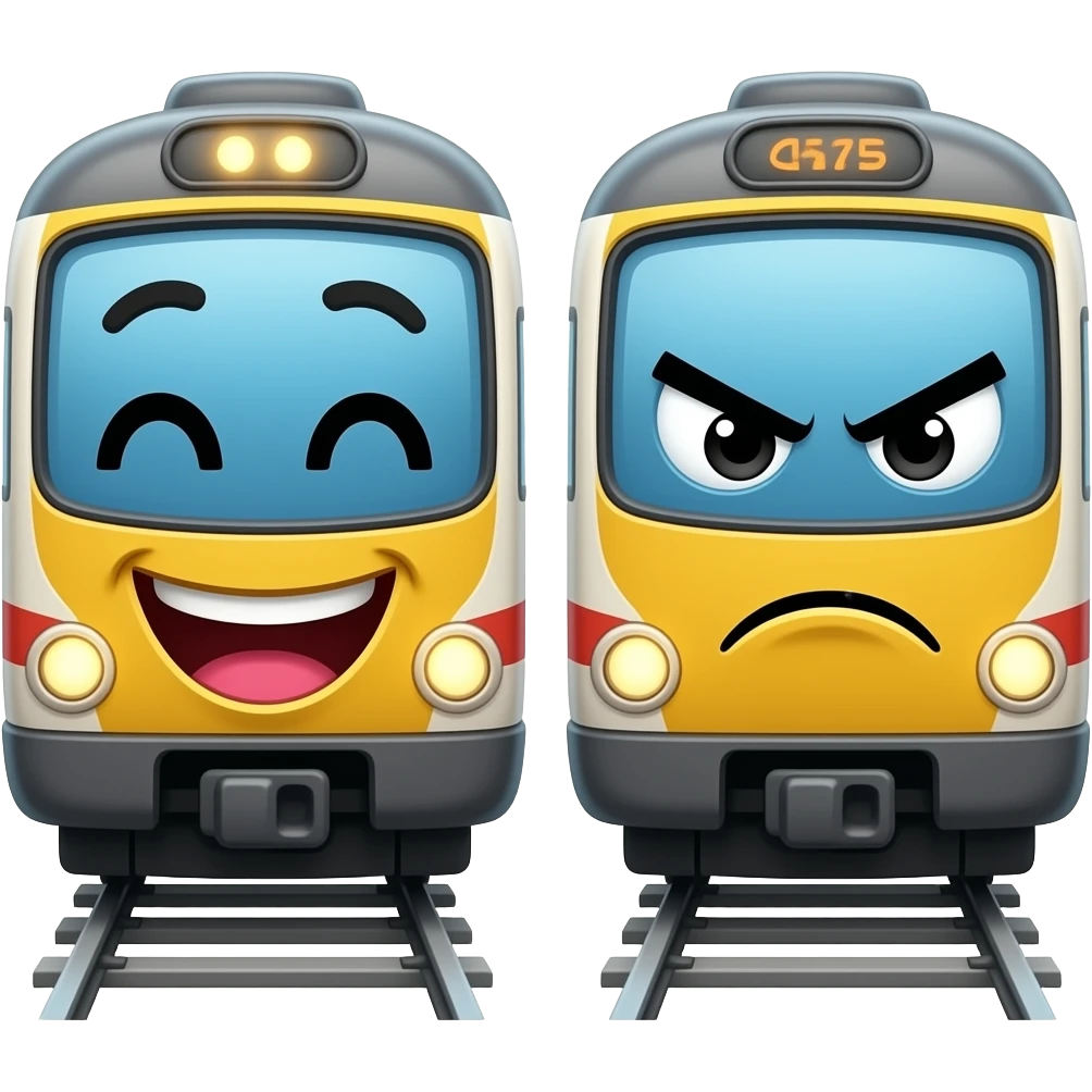 2 train with doodle faces the first train laughing and the angry face on the other train emoji