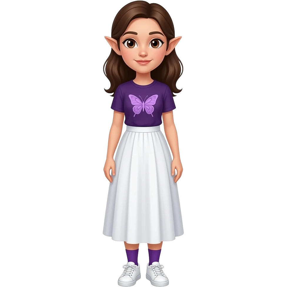 An adult woman with white/fair skin, brown hair, brown eyes and pointy ears and wearing a long white skirt, a dark purple butterfly shirt, purple socks and white sneakers.. emoji