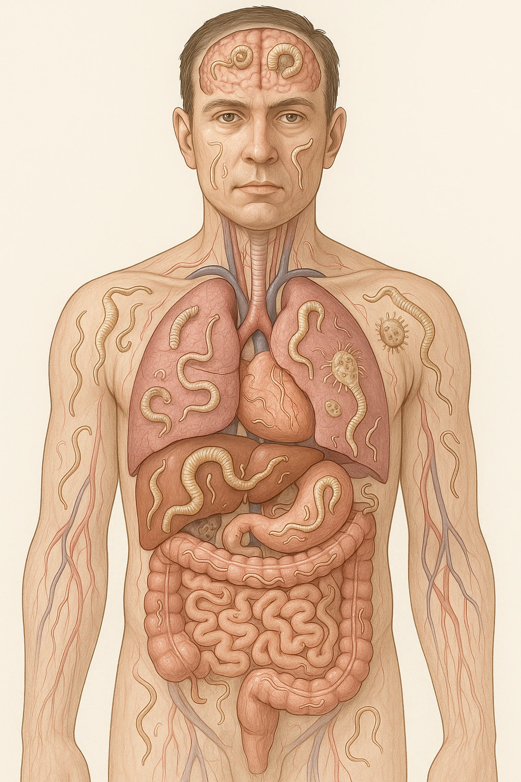 Parassiti che invadono tutti gli organi dentro il corpo umano di un uomo emoji