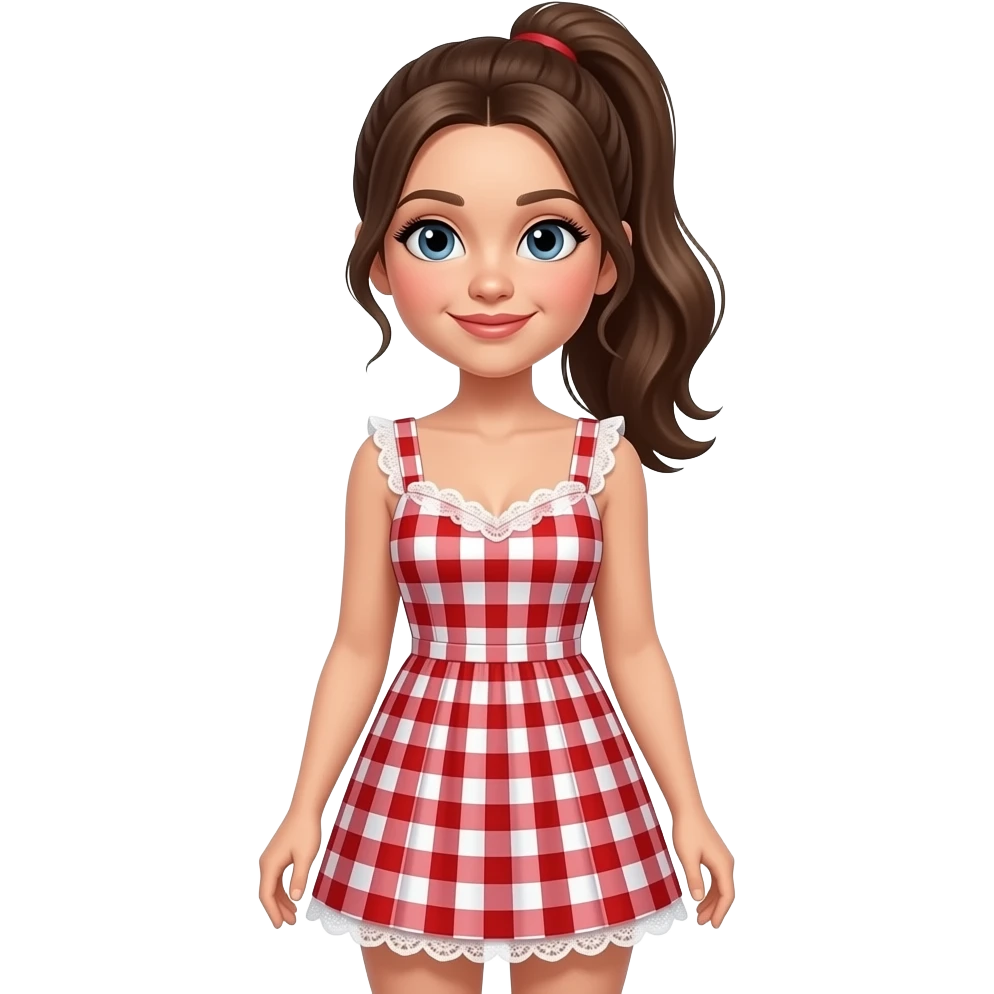 Sabrina carpenter in a ponytail wears a red and white checkered mini dress with white lace around the breast area and at the bottom emoji