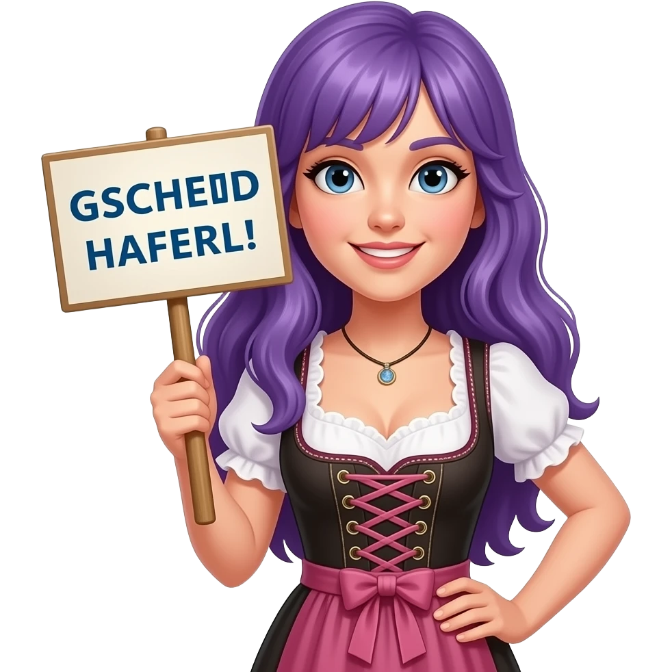 girl with long purple hair wearing a dirndl holding a GSCHEID HAFERL! sign emoji