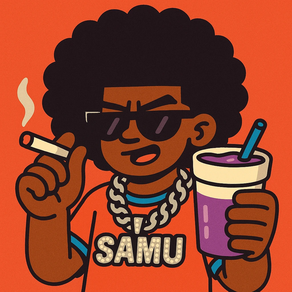 cool character with a big curly afro, iced-out 'samu' chain, holding a purple drink and a joint, modern hip-hop illustration style emoji