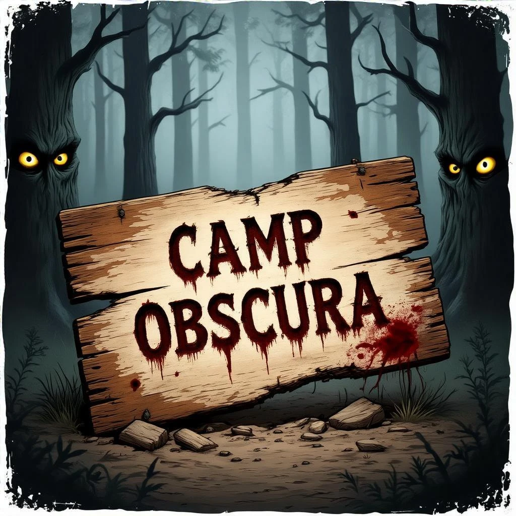 Un vieux panneau de bois brisé avec l'inscription "Camp Obscura" gravée, partiellement effacée et tachée de sang, au milieu d'une forêt sombre et brumeuse. À l’arrière-plan : des arbres inquiétants, des yeux brillants cachés dans l’ombre, un camping abandonnée  emoji