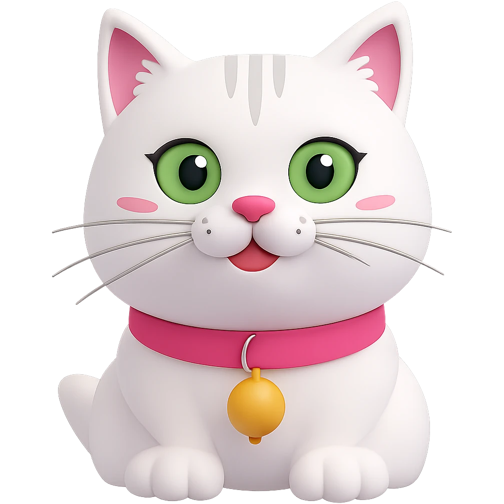 Edit the image of a white cat with a pink collar and a yellow bell on the collar. Change the cat's eyes to green. Remove the background so it is transparent. Maintain the style and details of the original image. emoji