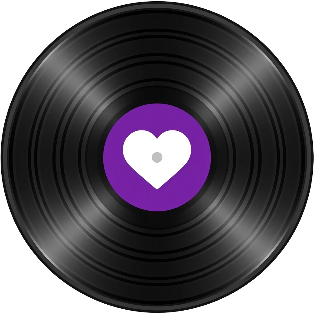 record album with purple center with white heart. vintage emoji