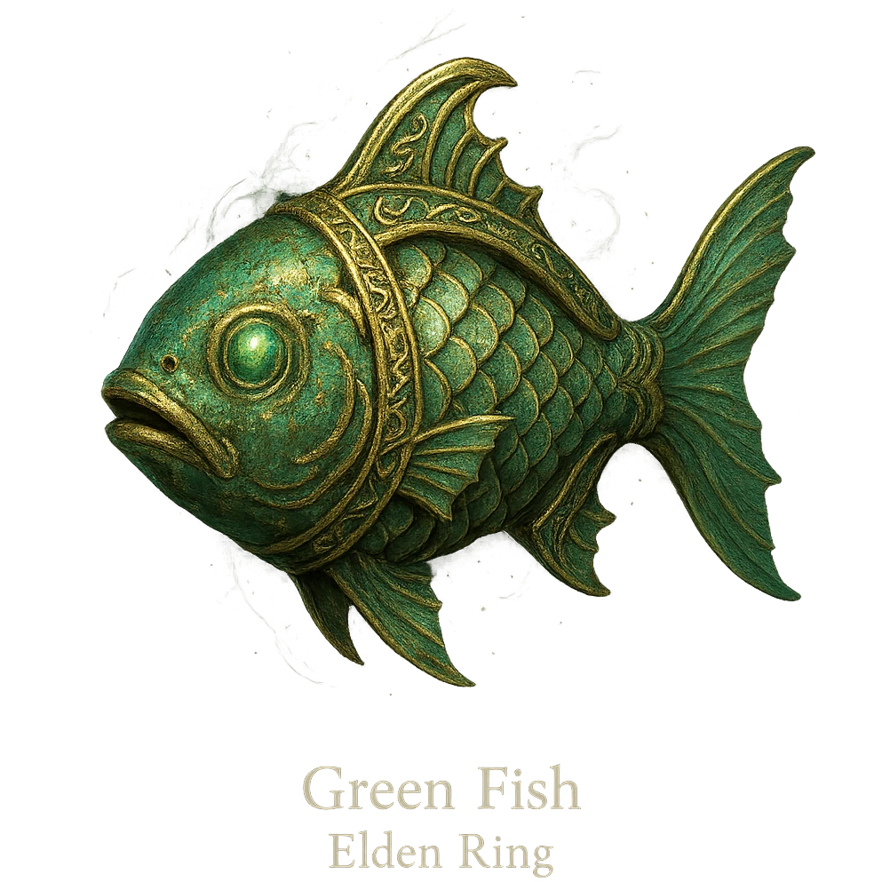 Elden Ring talisman, Green Fish, detailed fantasy accessory, ornate, mystical, inspired by in-game item emoji