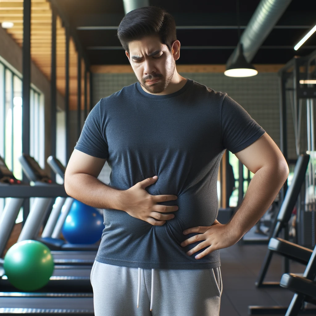 UOMO IN PALESTRA LEGGERMENTE SOVRAPPESO, SI TOCCA LA PANCIA CON ESPRESSIONE DISPIACIUTA IN VOLTO, iperrealistico 4k emoji