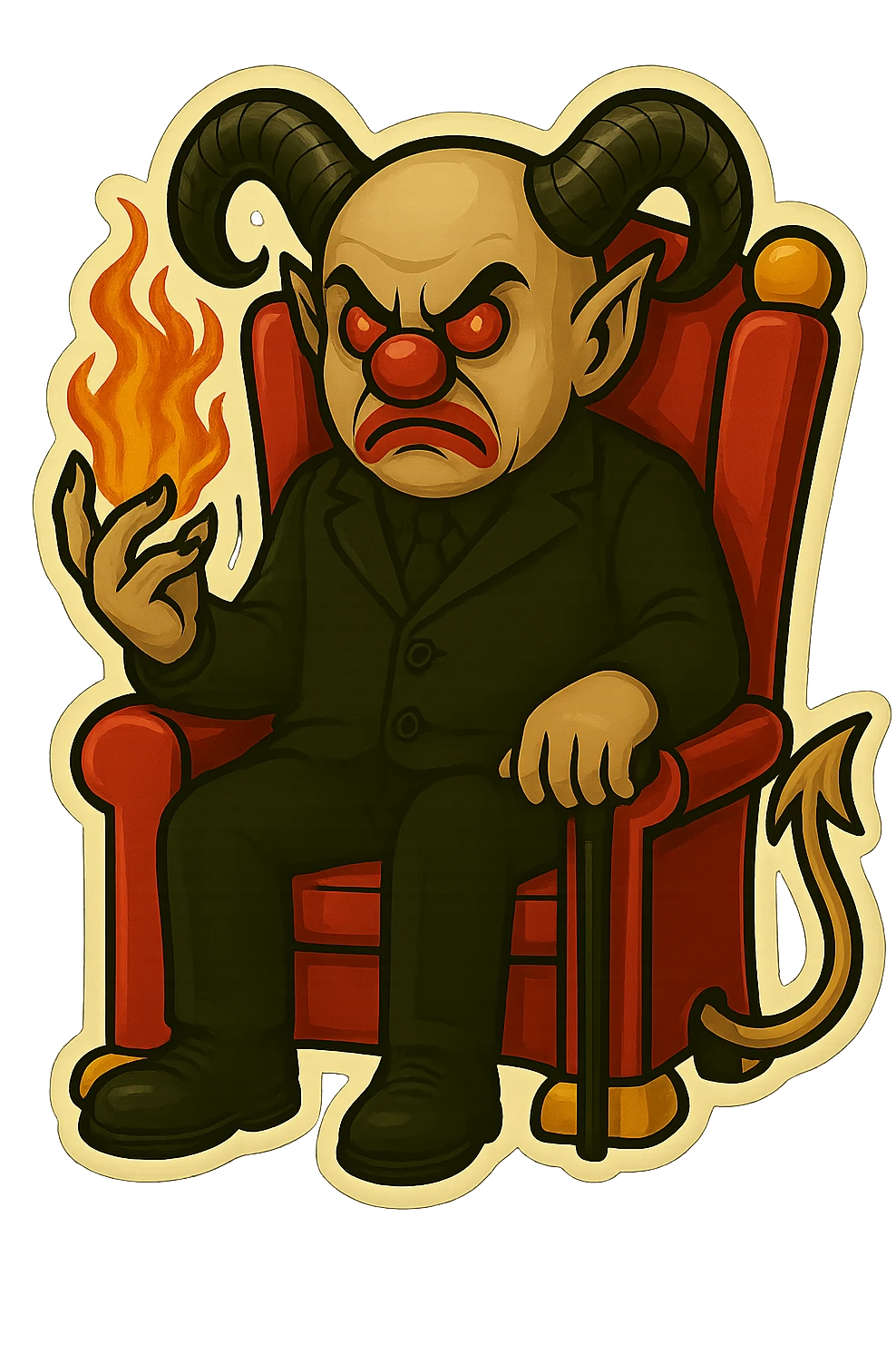 Render an evil clown wizard in retro sticker style, transparent background, sitting on a throne, wearing an all black suit, no pentagrams. Use the reference images for face, horns, and tail. emoji