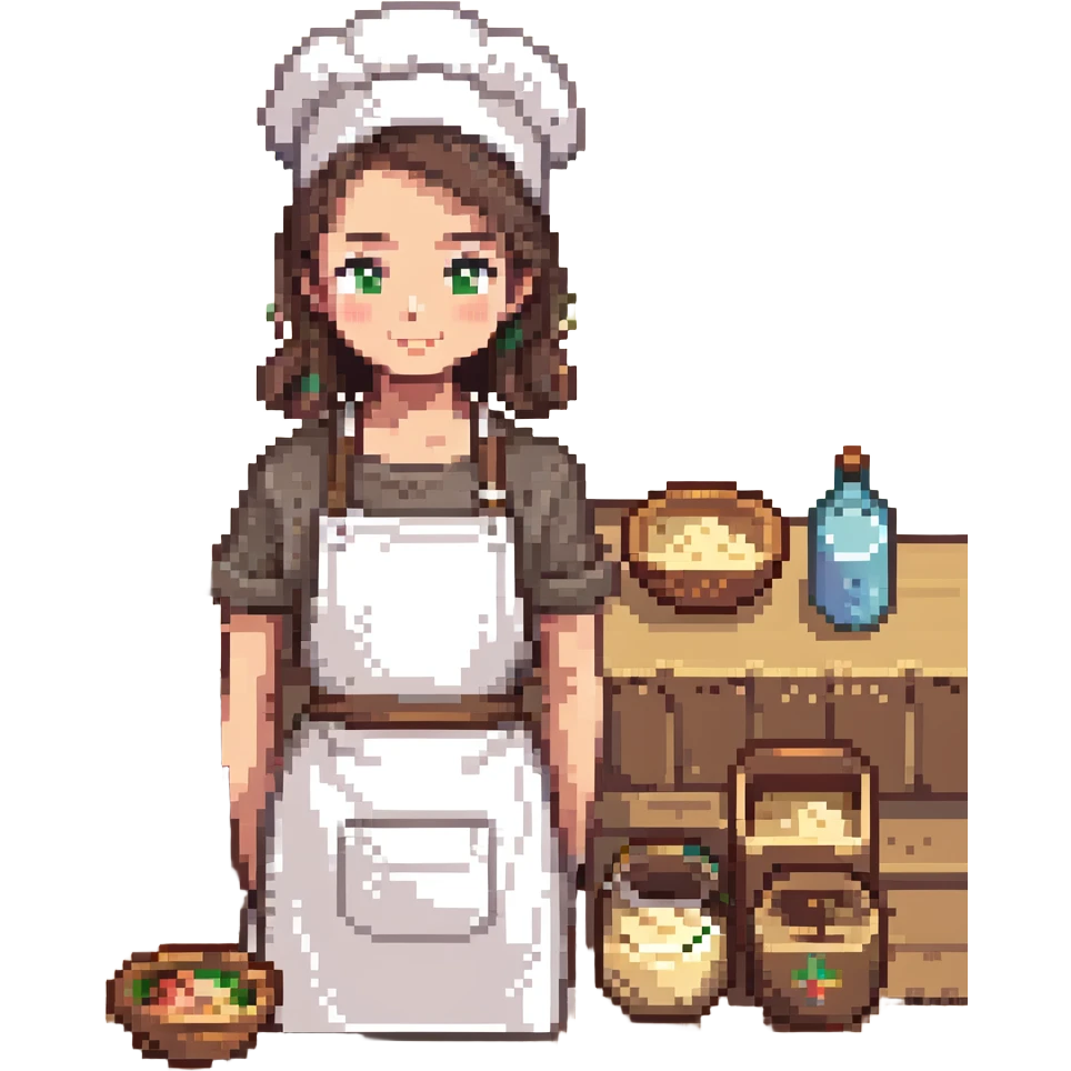 A young apprentice baker in a cozy, old-fashioned bakery. Surrounded by wooden countertops, cast iron baking trays, and a stone oven. His apron is dusted with flour, and analog timers tick beside handwritten recipe cards. The scene is textured with aged wood, metal, and soft fabric. emoji