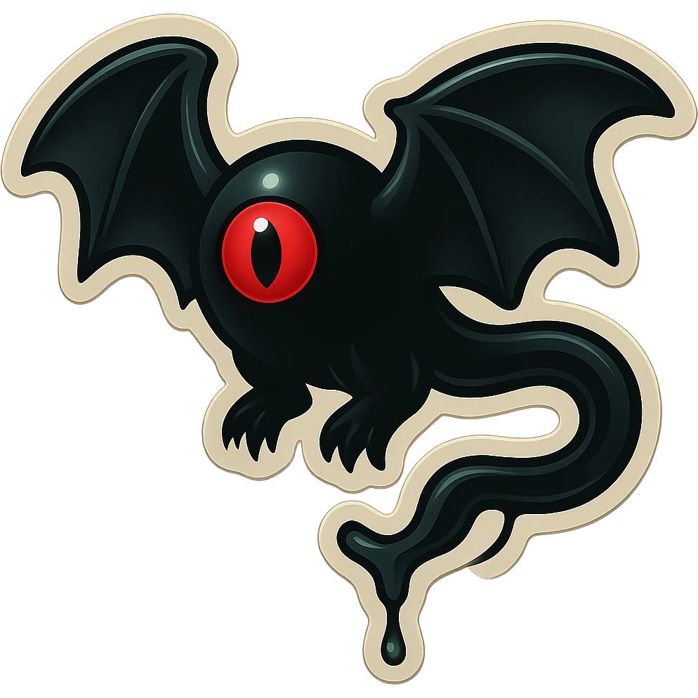 an all black reptilian bat-like creature. One cyclopian red eye in its face. no visible mouth or ears. 2 hind legs with claws. has a long tale with a stinger that drips green poison emoji