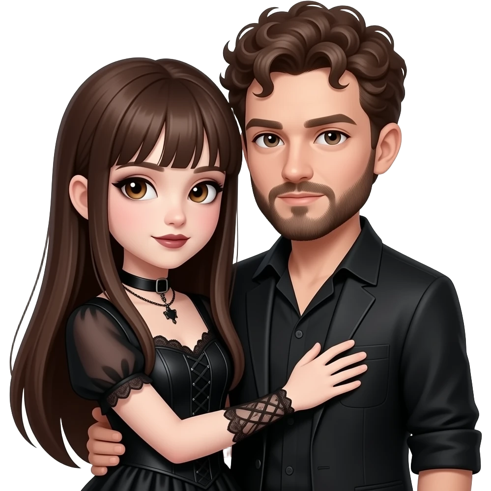 realistic pretty pale skin long straight brown hair girl brown eyes long face wearing gothic dress and gothic makeup HD and her man short brown curly hair and beard hugging emoji