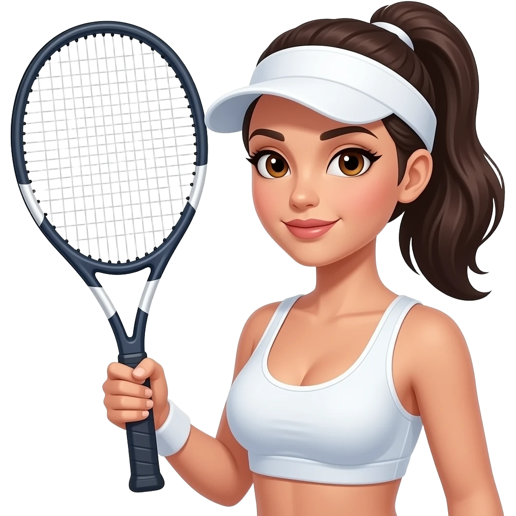 Dark pony tail, visor. Bigger Tennis racket, brown eyes, bigger boobs emoji
