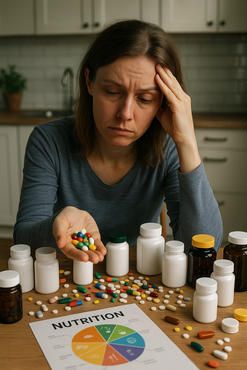 a woman in her 30s sits at her kitchen table, surrounded by dozens of supplement bottles, powders, and pills. She looks anxious and fatigued, with her head resting in one hand while the other holds a handful of colorful capsules. On the table, a nutrition chart is ignored, and her skin appears slightly dull or stressed. The mood is cautionary and educational. emoji