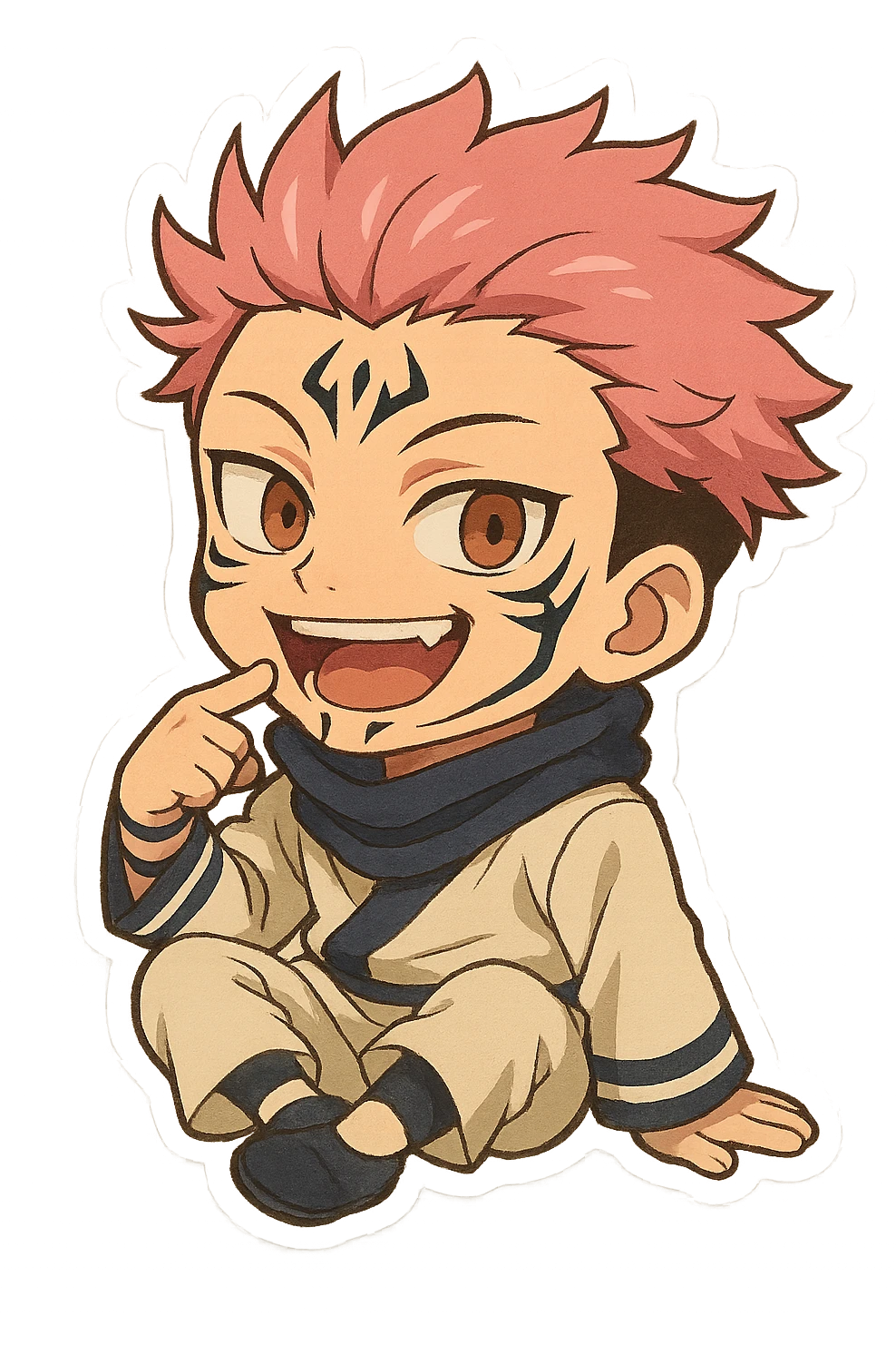 Sukuna in chibi style, sitting pose, playful expression, anime-inspired, vibrant colors emoji
