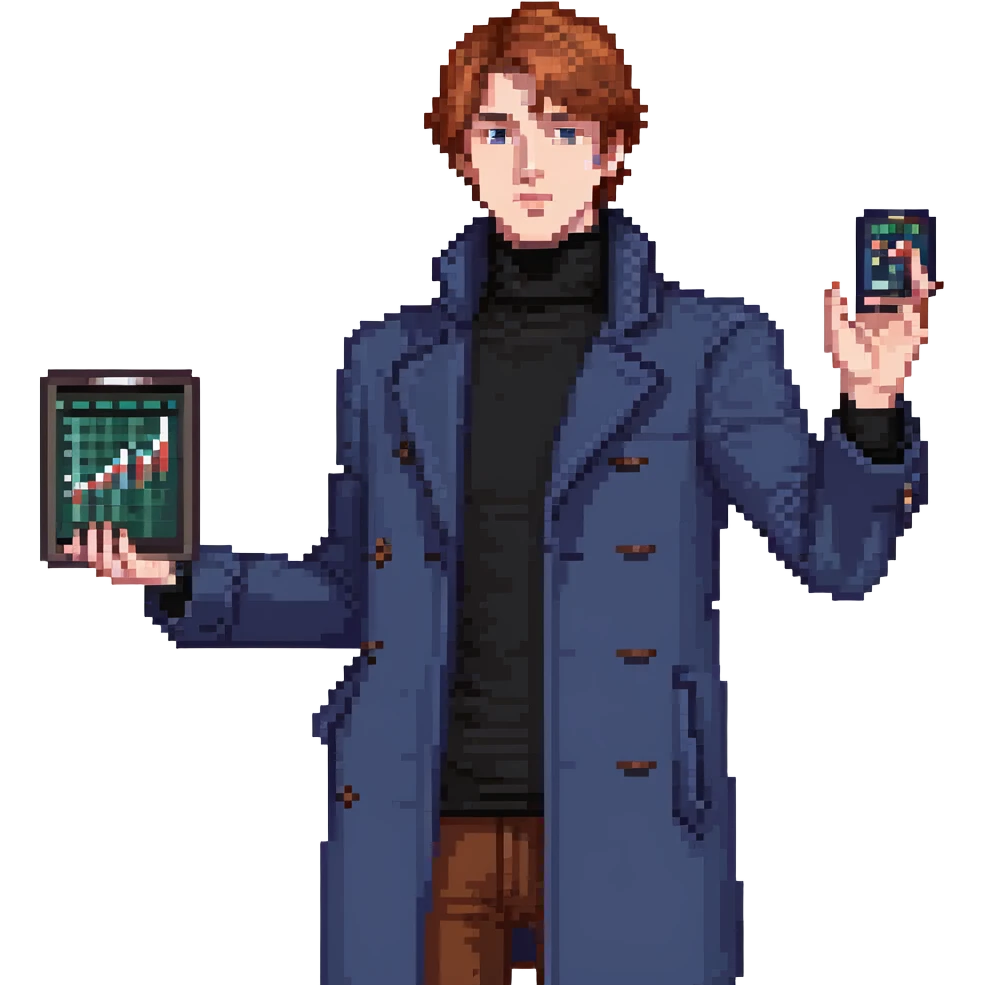 Flat pixel art, bold and charismatic male leader, Caucasian, short auburn hair, sharp eyes, wearing indigo coat over black turtleneck, one arm raised giving direction, holding tablet with graphs, waist-up, front-facing emoji