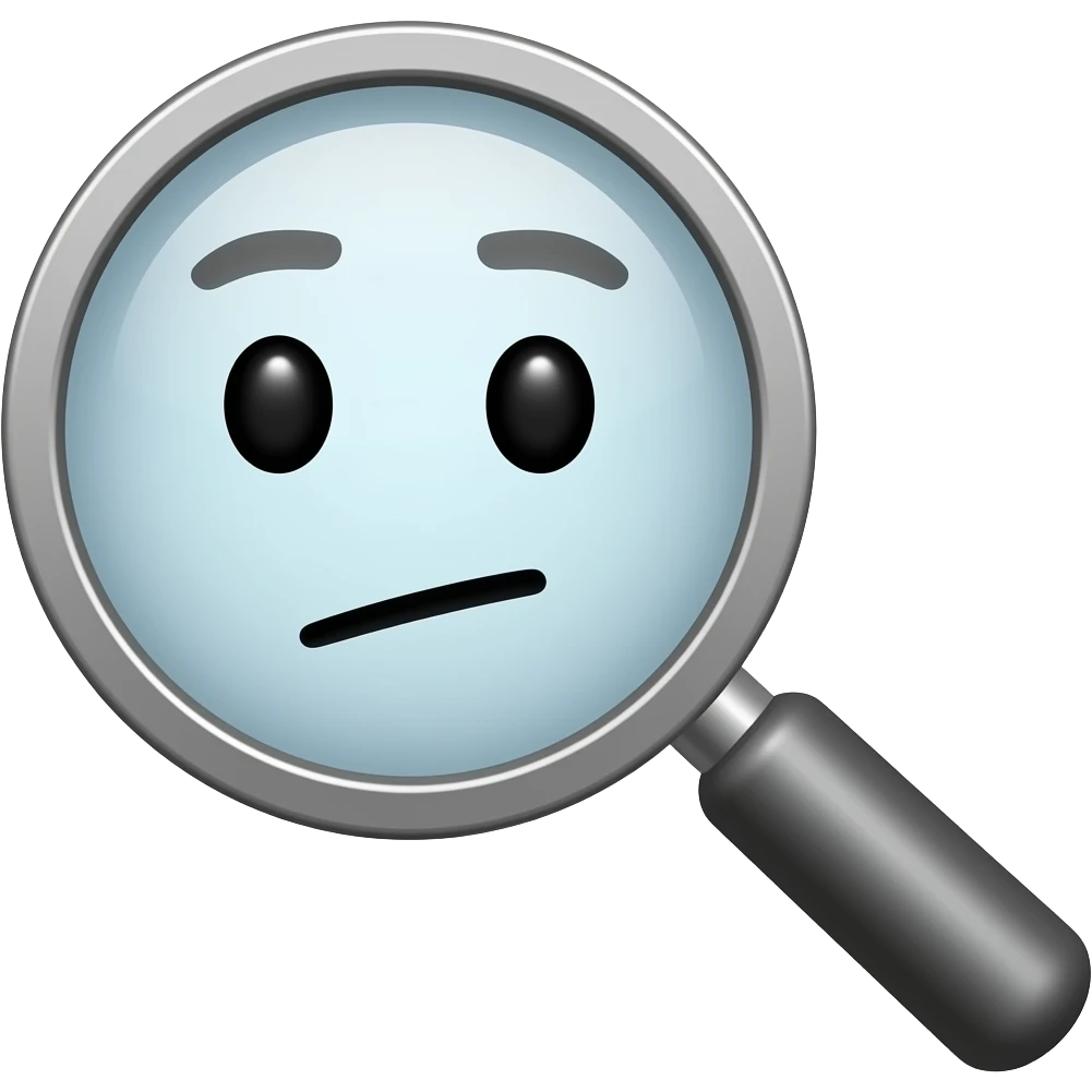 A magnifying glass with a thinking simple face in it emoji
