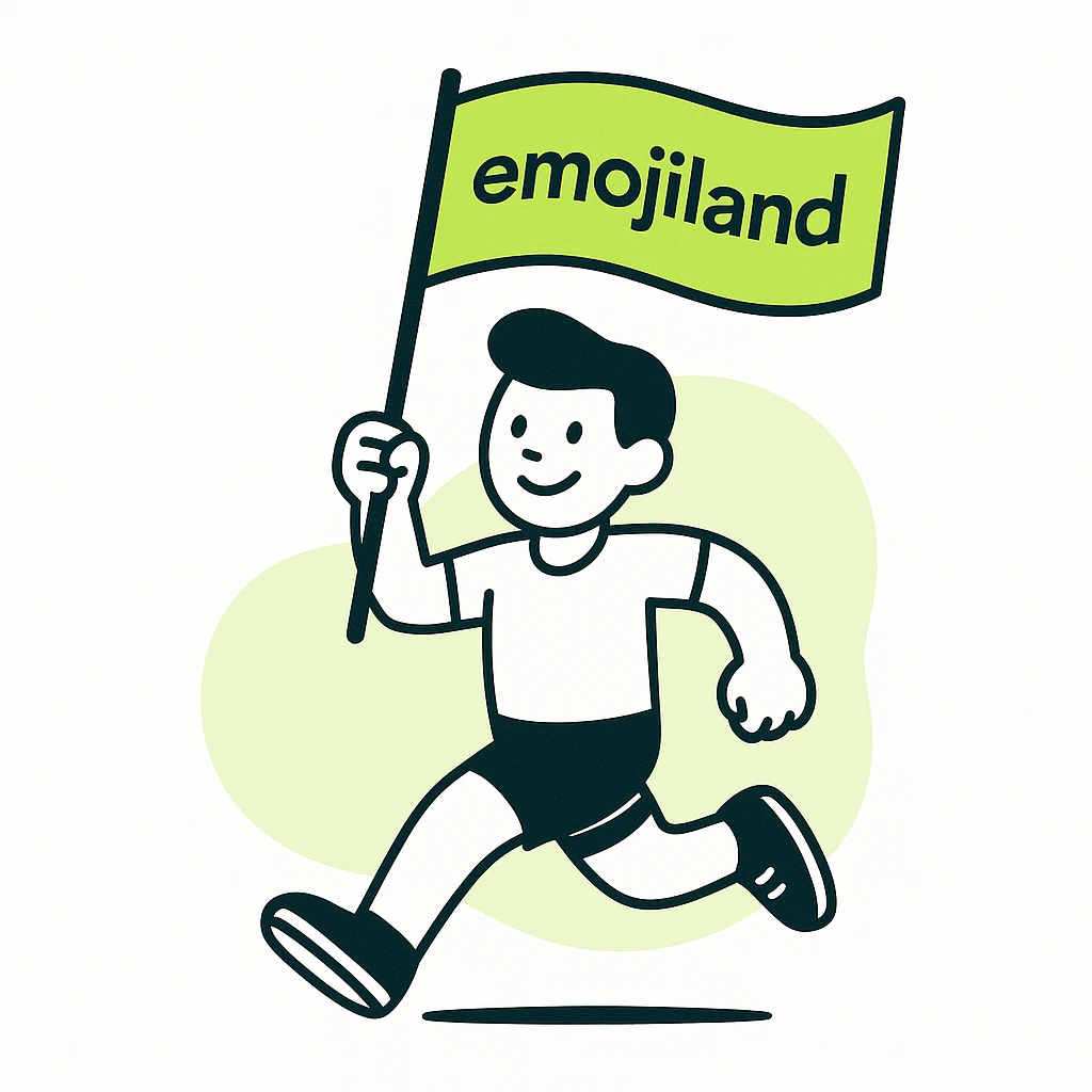 happy runner waving a flag that says 'emojiland' emoji